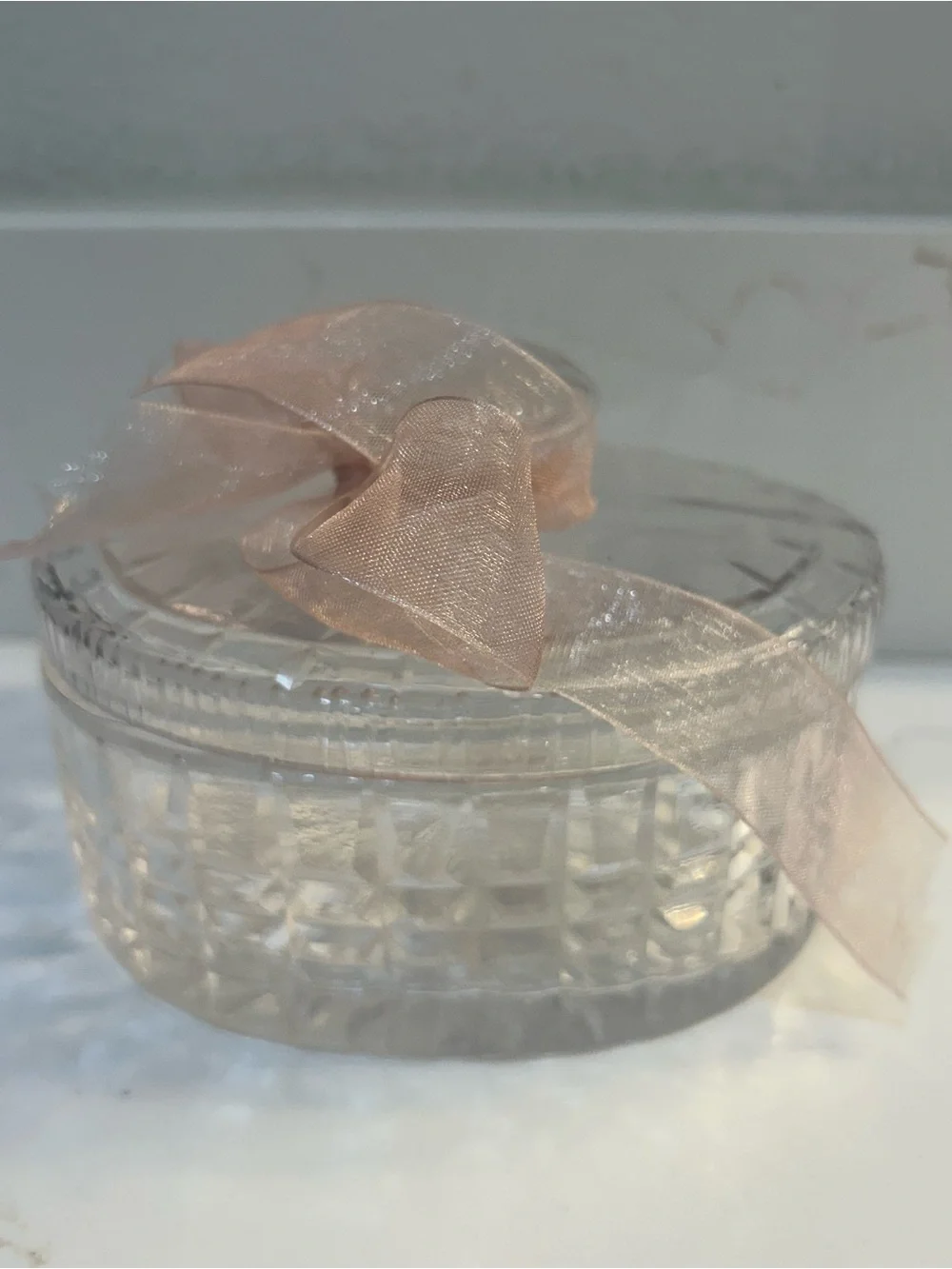 Crystal Glass Trinket Lidded Box intricate faceted panels with Pale Pink Ribbon